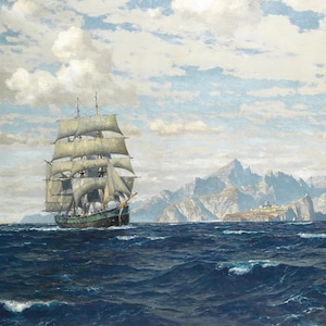 May include: A large sailing ship with multiple white sails navigating dark blue, choppy ocean waters. In the background, a rugged, rocky mountain range rises above the horizon under a sky filled with scattered white clouds and patches of blue.