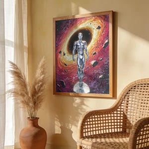 Op de afbeelding: Een ingelijste wandkunstprint met een metallic zilveren humanoïde figuur die op een surfboard-achtige schijf staat. De achtergrond toont een kolkend zwart gat omringd door levendige oranje, rode en paarse kosmische wolken met zwevende donkere asteroïden.