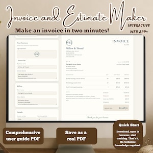May include: A computer monitor displaying an interactive web app for creating invoices and estimates. The screen shows input fields for business details and a generated invoice document for Willow & Thread. Text includes Invoice and Estimate Maker.