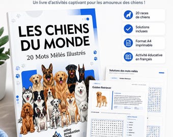 Woordzoekpuzzel met honden als thema (PDF om te printen) | Educatief activiteitenboek | 20 geïllustreerde hondenrassen | Educatief spel | Direct te downloaden