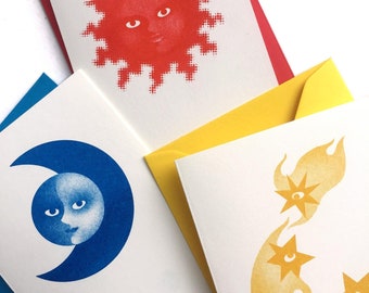 Sun Moon and Stars mini cards - set of 3 riso-printed A7 gift cards in bold colours, playful minicards, fun-loving expressive retro graphics