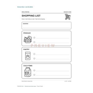 Op de afbeelding: Een zwart-wit printbaar boodschappenlijst-sjabloon getiteld Grocery Store | Low Ink edition. Het document bevat secties voor Shopper, Produce, Pantry en Cold Items, elk met iconen van een winkelwagentje, mandje, verpakking en melkpak.