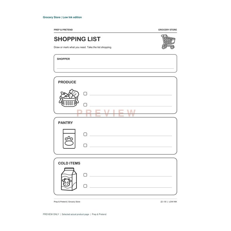 Op de afbeelding: Een zwart-wit printbaar boodschappenlijst-sjabloon getiteld Grocery Store | Low Ink edition. Het document bevat secties voor Shopper, Produce, Pantry en Cold Items, elk met iconen van een winkelwagentje, mandje, verpakking en melkpak.