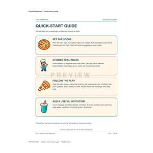 May include: A Pizza Restaurant Quick-Start Guide document featuring four sections: Set the Scene with a pizza icon, Choose Real Roles with a chef icon, Follow the Play with a pizza slice icon, and Add a Useful Invitation with a drink cup icon.