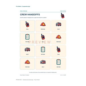 K&ouml;nnte beinhalten: Ein druckbares Arbeitsblatt mit dem Titel Crew Handoffs, das ein Raster aus zw&ouml;lf Quadraten enth&auml;lt. Jedes Quadrat zeigt ein farbiges Symbol eines Funkger&auml;ts, eines roten Feuerwehrhelms, eines Feuerwehrautos oder eines Klemmbretts mit den W&ouml;rtern Call, Prepare, Help oder Return.