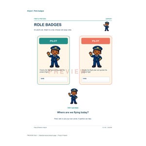 May include: A printable sheet titled Role Badges featuring two rectangular cards with a pilot illustration, the text Pilot, and a space for a name. The cards are bordered in teal and coral. Below, a pilot icon appears with the text Try Saying: Where are we flying today?
