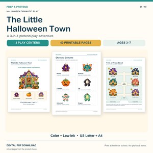 Zestaw do odgrywania scenki Halloween dla przedszkolaków: sklep z kostiumami, pole dyni i ulica „cukierek albo psikus” zdjęcie 1