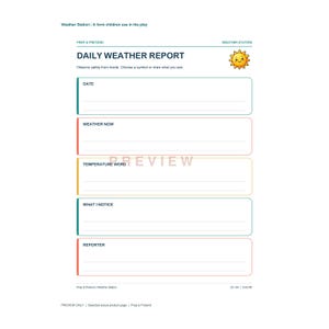 K&ouml;nnte beinhalten: Ein druckbares t&auml;gliches Wetterbericht-Formular mit einem gelben Sonnensymbol, dunkelblauem Text und f&uuml;nf verschiedenen Abschnitten mit den Bezeichnungen Date, Weather Now, Temperature Word, What I Notice und Reporter, jeweils mit Linien.