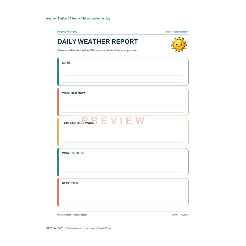 K&ouml;nnte beinhalten: Ein druckbares t&auml;gliches Wetterbericht-Formular mit einem gelben Sonnensymbol, dunkelblauem Text und f&uuml;nf verschiedenen Abschnitten mit den Bezeichnungen Date, Weather Now, Temperature Word, What I Notice und Reporter, jeweils mit Linien.