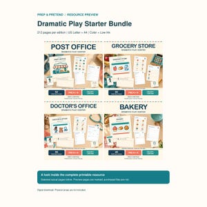 Puede incluir: Un paquete digital de 212 p&aacute;ginas para juegos dram&aacute;ticos con recursos imprimibles para oficina de correos, tienda de comestibles, consultorio m&eacute;dico y panader&iacute;a. Incluye formatos US Letter y A4 en color y tinta baja para preescolar.