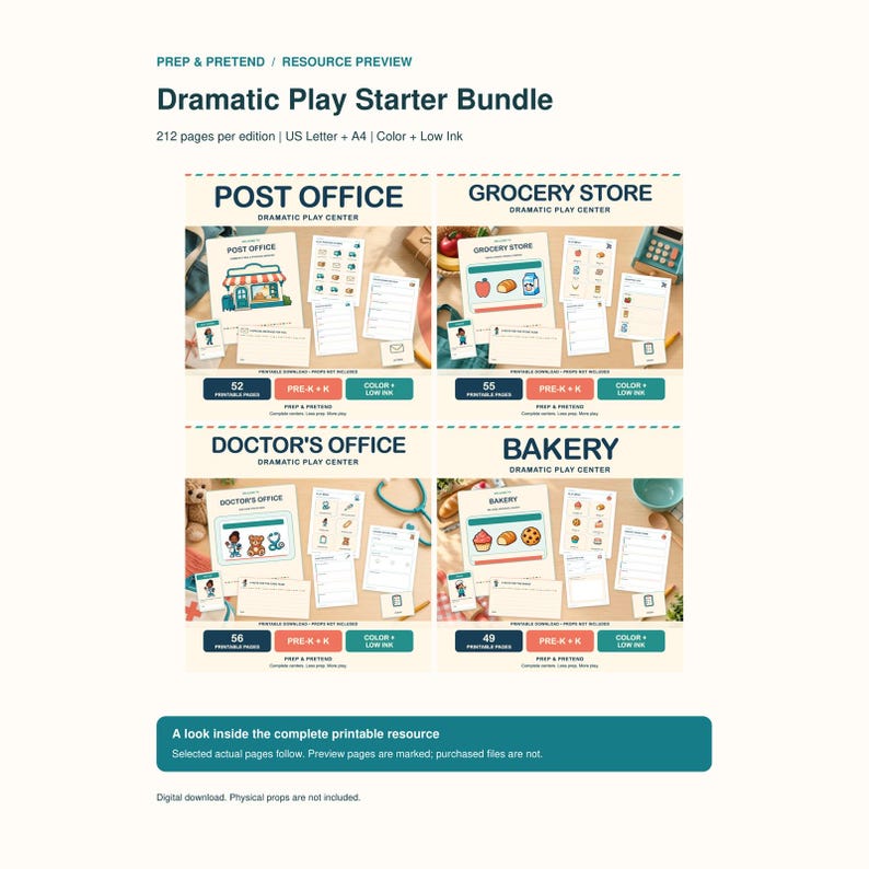 Puede incluir: Un paquete digital de 212 p&aacute;ginas para juegos dram&aacute;ticos con recursos imprimibles para oficina de correos, tienda de comestibles, consultorio m&eacute;dico y panader&iacute;a. Incluye formatos US Letter y A4 en color y tinta baja para preescolar.