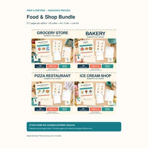 Op de afbeelding: Een digitale Food & Shop Bundle resource preview met 217 pagina's voor rollenspelcentra, waaronder een supermarkt, bakkerij, pizzeria en ijssalon. De printbare set bevat kleur- en inktbesparende opties voor US Letter en A4-formaten.