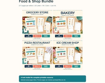 Food & Shop Dramatic Play Bundle, 4 Preschool Pretend Play Centers, Pre-K Classroom Printables