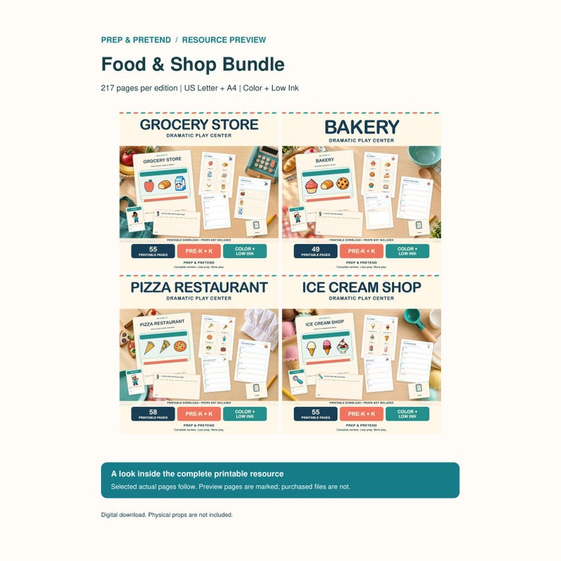 Op de afbeelding: Een digitale Food & Shop Bundle resource preview met 217 pagina's voor rollenspelcentra, waaronder een supermarkt, bakkerij, pizzeria en ijssalon. De printbare set bevat kleur- en inktbesparende opties voor US Letter en A4-formaten.