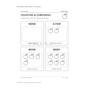 May include: A black and white educational worksheet titled Farmers Market | Math in the play - Low Ink edition. It features a Counting & Comparing section with four boxes labeled None, A Few, More, and Most, each containing varying numbers of apple illustrations.