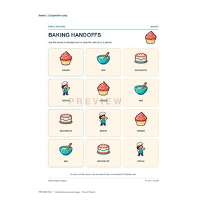 K&ouml;nnte beinhalten: Ein druckbares Arbeitsblatt mit dem Titel BAKING HANDOFFS, das ein Raster aus zw&ouml;lf Quadraten mit Illustrationen von Cupcakes, R&uuml;hrsch&uuml;sseln, Kuchen und einem B&auml;cker zeigt. Jedes Quadrat ist beschriftet mit: ORDER, MIX, DECORATE oder SERVE. Die Seite enth&auml;lt Anweisungen f&uuml;r kooperatives Spiel.
