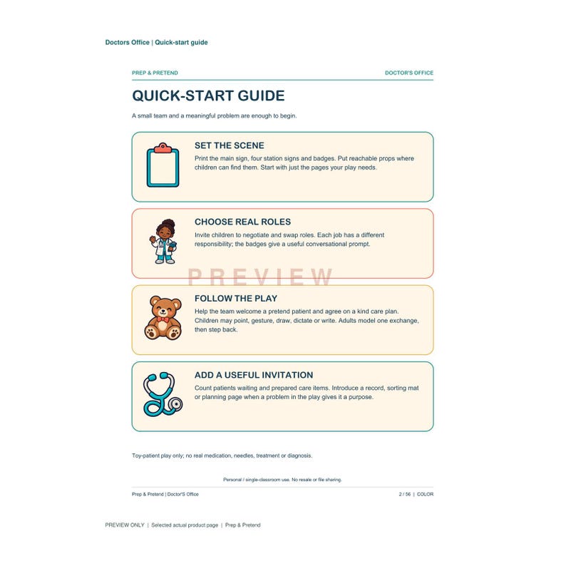 May include: A white document titled Doctors Office Quick-start guide with four sections: Set the Scene with a clipboard icon, Choose Real Roles with a doctor icon, Follow the Play with a teddy bear icon, and Add a Useful Invitation with a stethoscope icon.