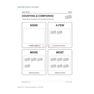 May include: A black and white educational worksheet titled Airport | Math in the play - Low Ink edition. The page features a Counting & Comparing section with four boxes labeled None, A Few, More, and Most, containing varying quantities of airplane ticket icons.
