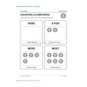 K&ouml;nnte beinhalten: Ein schwarz-wei&szlig;es Arbeitsblatt mit dem Titel Counting & Comparing Weather Station. Es enth&auml;lt vier K&auml;stchen mit den Beschriftungen None, A Few, More und Most, die jeweils eine unterschiedliche Anzahl an l&auml;chelnden Sonnen-Symbolen zeigen.