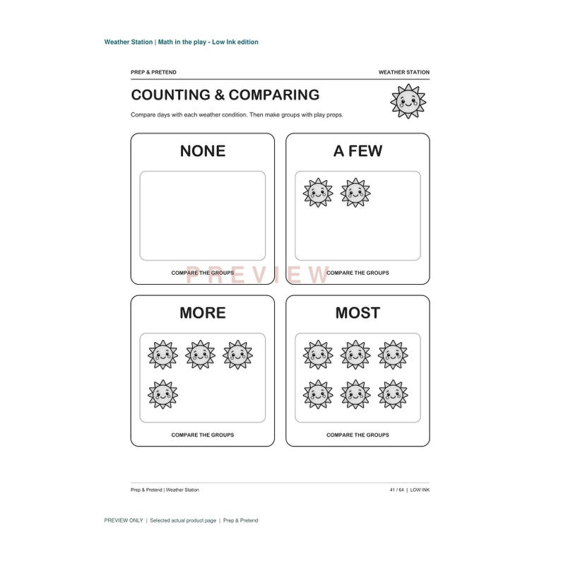 K&ouml;nnte beinhalten: Ein schwarz-wei&szlig;es Arbeitsblatt mit dem Titel Counting & Comparing Weather Station. Es enth&auml;lt vier K&auml;stchen mit den Beschriftungen None, A Few, More und Most, die jeweils eine unterschiedliche Anzahl an l&auml;chelnden Sonnen-Symbolen zeigen.