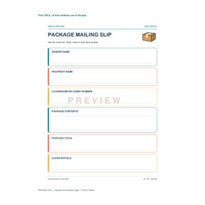 Op de afbeelding: Een printbaar pakketverzendformulier voor kinderen met de titel PACKAGE MAILING SLIP, een klein bruin doosicoon en gelabelde velden voor afzendernaam, ontvangersnaam, klaslokaalnummer, pakketinhoud, totaalbedrag aan portokosten en initialen van de medewerker.