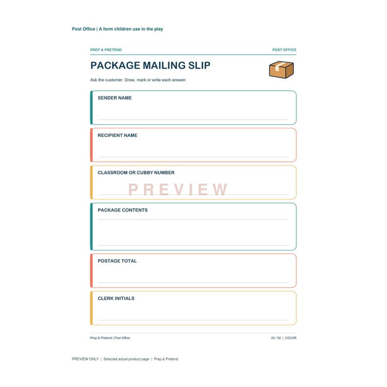 Op de afbeelding: Een printbaar pakketverzendformulier voor kinderen met de titel PACKAGE MAILING SLIP, een klein bruin doosicoon en gelabelde velden voor afzendernaam, ontvangersnaam, klaslokaalnummer, pakketinhoud, totaalbedrag aan portokosten en initialen van de medewerker.