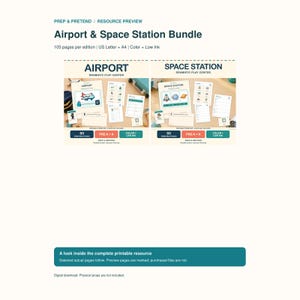 Puede incluir: Un paquete de recursos digitales imprimibles titulado Airport & Space Station Bundle, que contiene 105 páginas en total. El conjunto incluye materiales para centros de juego dramático de aeropuerto y estación espacial, con opciones a color y bajo consumo.