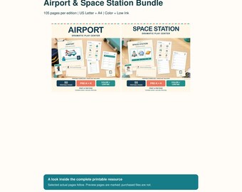 Op de afbeelding: Een digitaal printbaar bronnenpakket genaamd Airport & Space Station Bundle, met in totaal 105 pagina's. De set bevat materialen voor een dramatisch speelcentrum voor een luchthaven en een ruimtestation, met opties voor kleur en zuinige inkt.