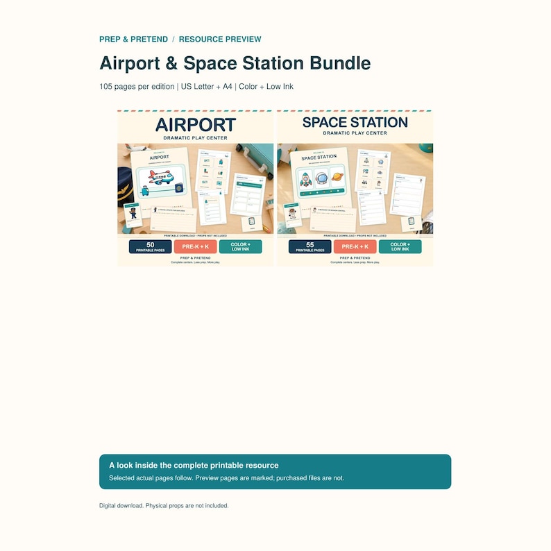 K&ouml;nnte beinhalten: Ein digitales, druckbares Ressourcenpaket mit dem Titel Airport & Space Station Bundle, das insgesamt 105 Seiten umfasst. Das Set enth&auml;lt Materialien f&uuml;r ein dramatisches Spielzentrum zum Thema Flughafen und Raumstation in Farbe und als Low-Ink-Version.
