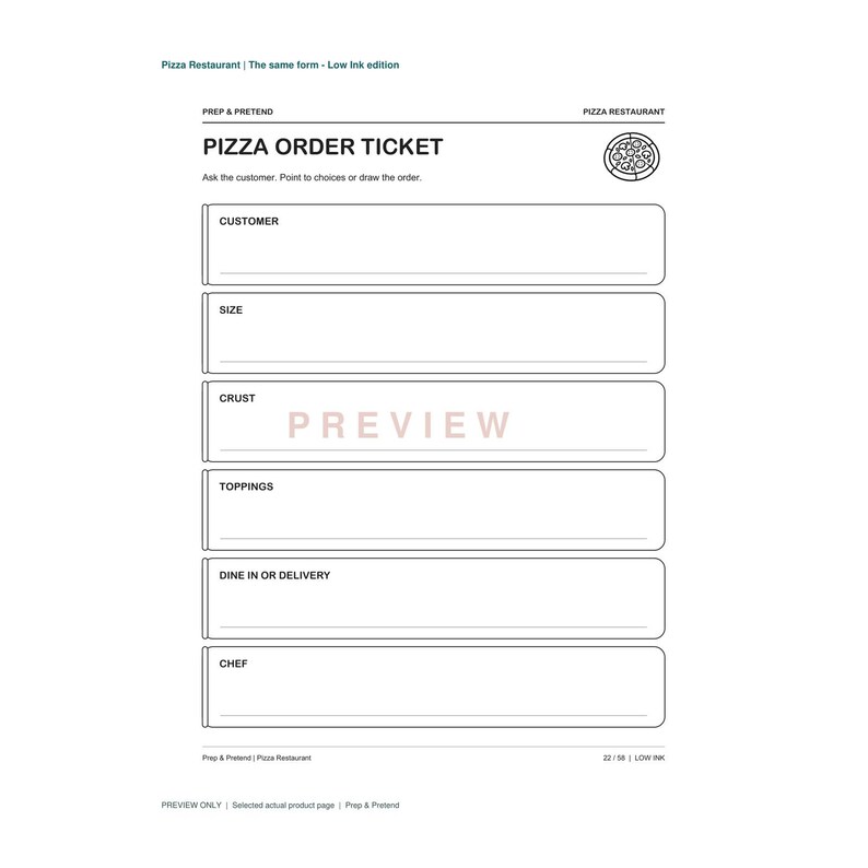 May include: A black and white printable pizza order ticket form featuring sections for customer, size, crust, toppings, dine in or delivery, and chef. The document includes a small pizza icon and the text Pizza Order Ticket at the top.