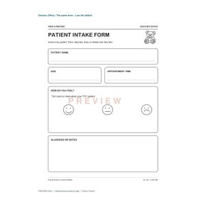 May include: A black and white printable patient intake form for a doctor's office roleplay activity. The document features fields for patient name, age, appointment time, and allergies, along with three facial expressions and a teddy bear icon.