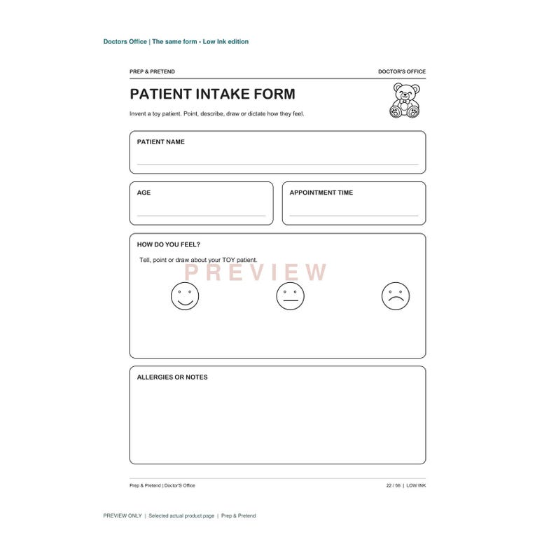 May include: A black and white printable patient intake form for a doctor's office roleplay activity. The document features fields for patient name, age, appointment time, and allergies, along with three facial expressions and a teddy bear icon.
