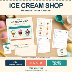 Puede incluir: Un set imprimible de juego dramático de heladería con 55 páginas que incluye un letrero de bienvenida, menú, formularios de pedido, recibos y tarjetas. El conjunto muestra ilustraciones coloridas de conos de helado y copas con texto.