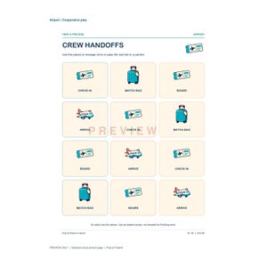 May include: A printable activity sheet titled Airport | Cooperative play and CREW HANDOFFS. It features a grid of twelve squares with illustrations of blue suitcases, airplanes, and boarding passes, labeled with the words CHECK IN, MATCH BAG, BOARD, and ARRIVE.