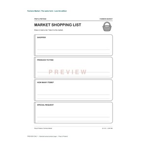 May include: A black and white printable market shopping list form with a basket icon. The document includes sections labeled SHOPPER, PRODUCE TO FIND, HOW MANY ITEMS, and SPECIAL REQUEST, with lines for writing and the text PREVIEW across the center.