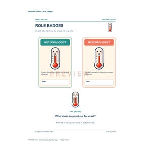 K&ouml;nnte beinhalten: Ein druckbares Blatt mit dem Titel Weather Station Role Badges, das zwei rechteckige Karten mit dem Text Meteorologist, einer Cartoon-Thermometer-Illustration und einer Leerzeile f&uuml;r einen Namen enth&auml;lt. Darunter befindet sich ein kleineres Thermometer-Symbol und der Text Try Saying What clues support our forecast? mit Anweisungen f&uuml;r interaktives Spielen.
