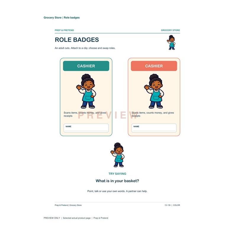 Puede incluir: Dos insignias de rol rectangulares para un tema de tienda de comestibles, una con encabezado verde azulado y otra coral. Ambas muestran un cajero de dibujos animados, el texto CASHIER y la descripci&oacute;n: Scans items, counts money, and gives receipts. Incluye una l&iacute;nea en blanco para un nombre.