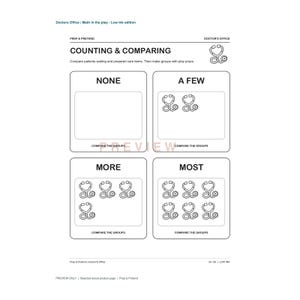 May include: A black and white educational worksheet titled Doctors Office | Math in the play - Low Ink edition. It features four boxes labeled NONE, A FEW, MORE, and MOST, each containing varying quantities of line-art stethoscope illustrations for counting.