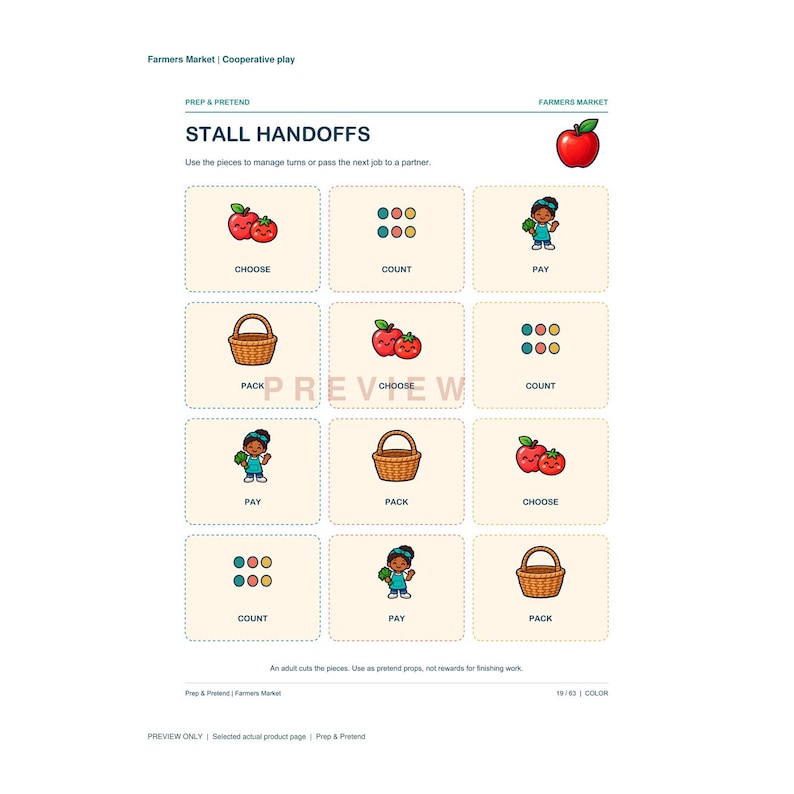 May include: A printable activity sheet titled Farmers Market | Cooperative play, featuring a grid of twelve cards labeled STALL HANDOFFS. Each card displays illustrations of apples, coins, a person, or a basket with the text CHOOSE, COUNT, PAY, or PACK.