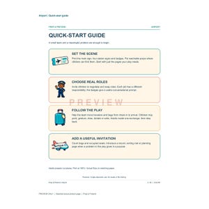 May include: A white document titled Airport Quick-Start Guide with four sections featuring icons of a boarding pass, a pilot, a blue suitcase, and a white airplane. Each section includes instructional text for setting up an airport-themed activity.