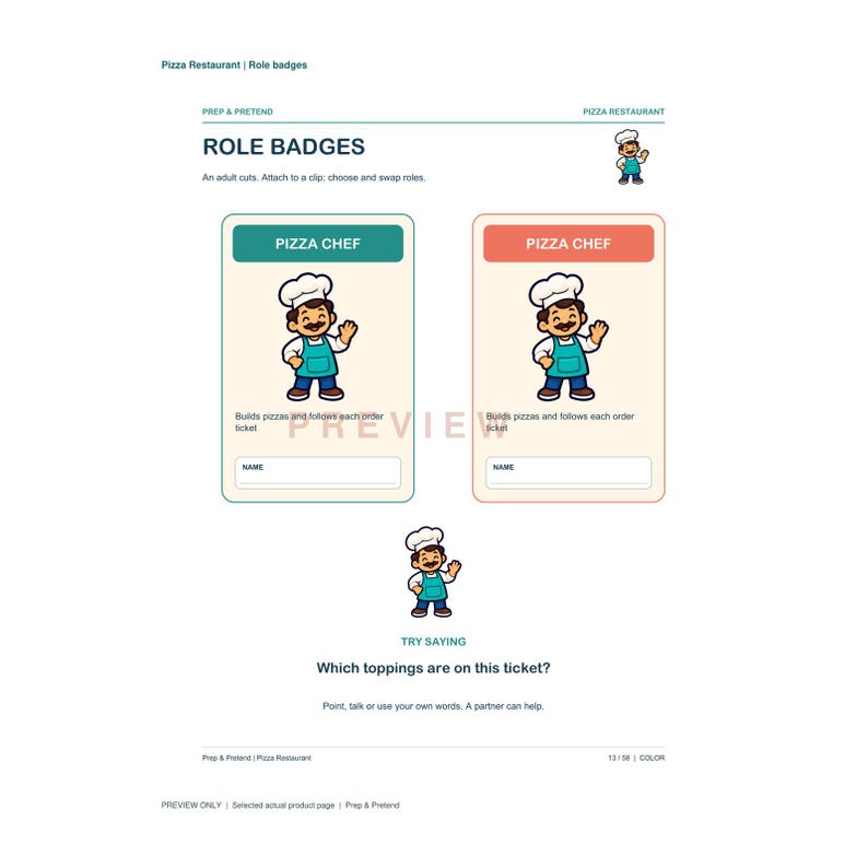 May include: A printable sheet featuring two rectangular role badges labeled PIZZA CHEF with a cartoon character in a chef hat and apron. Each badge includes the text Builds pizzas and follows each order ticket and a blank line for a name.
