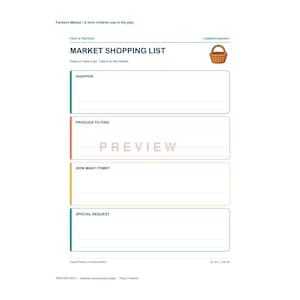 May include: A white printable market shopping list form with dark blue text, featuring sections for shopper, produce to find, how many items, and special request. A small orange basket icon is at the top right. The word PREVIEW is centered.