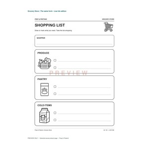 Puede incluir: Un formulario de lista de compras imprimible en blanco y negro titulado SHOPPING LIST con secciones para SHOPPER, PRODUCE, PANTRY y COLD ITEMS. La p&aacute;gina presenta iconos de arte lineal de un carrito de compras, una cesta de verduras, un recipiente de comida y un cart&oacute;n de leche.