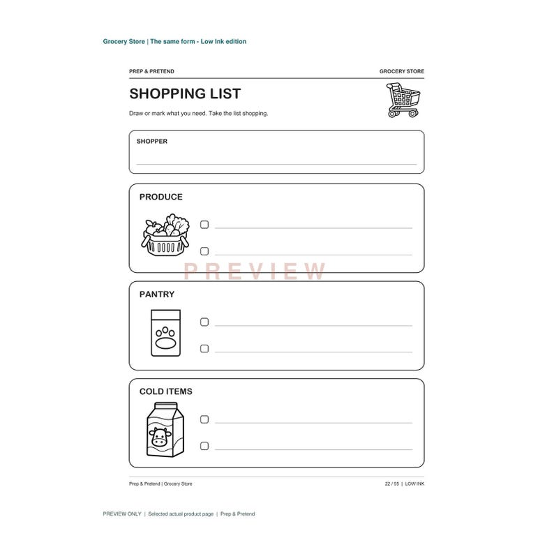 Puede incluir: Un formulario de lista de compras imprimible en blanco y negro titulado SHOPPING LIST con secciones para SHOPPER, PRODUCE, PANTRY y COLD ITEMS. La p&aacute;gina presenta iconos de arte lineal de un carrito de compras, una cesta de verduras, un recipiente de comida y un cart&oacute;n de leche.
