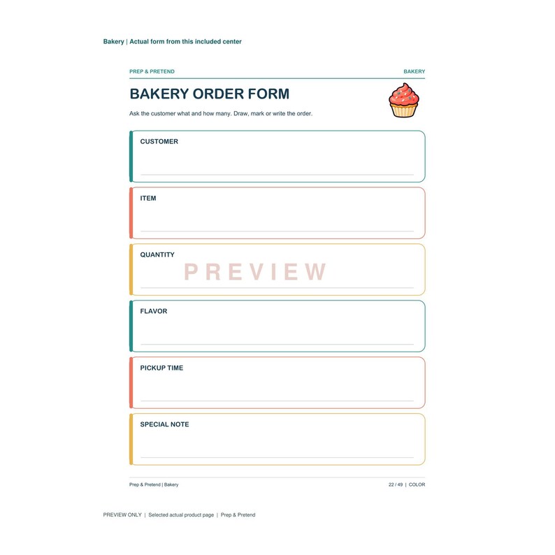 Puede incluir: Un formulario de pedido de panader&iacute;a imprimible con un gr&aacute;fico de cupcake y secciones para cliente, art&iacute;culo, cantidad, sabor, hora de recogida y nota especial. El documento incluye el texto Bakery Order Form y la palabra Preview en el centro.