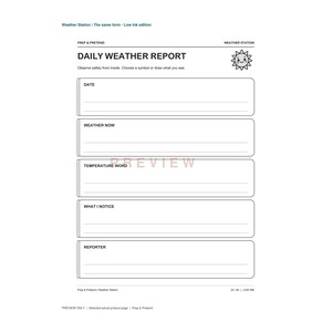 K&ouml;nnte beinhalten: Ein schwarz-wei&szlig;es, druckbares t&auml;gliches Wetterbericht-Formular mit dem Text "DAILY WEATHER REPORT" und einem Sonnensymbol. Das Dokument enth&auml;lt Abschnitte f&uuml;r Datum, aktuelles Wetter, Temperaturwort, Beobachtungen und den Berichterstatter.