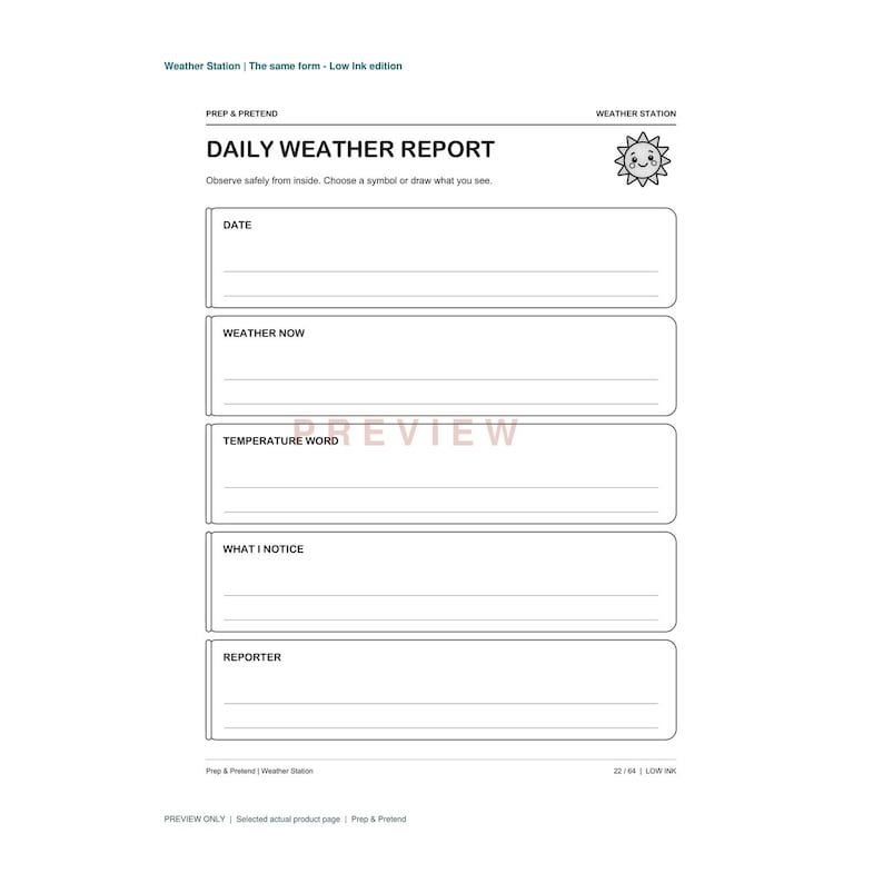 K&ouml;nnte beinhalten: Ein schwarz-wei&szlig;es, druckbares t&auml;gliches Wetterbericht-Formular mit dem Text "DAILY WEATHER REPORT" und einem Sonnensymbol. Das Dokument enth&auml;lt Abschnitte f&uuml;r Datum, aktuelles Wetter, Temperaturwort, Beobachtungen und den Berichterstatter.