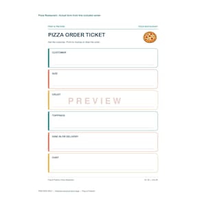 Op de afbeelding: Een wit pizza-bestelformulier met een kleine pizzagrafiek en de tekst Pizza Order Ticket. Het document bevat gelabelde secties voor Customer, Size, Crust, Toppings, Dine In Or Delivery en Chef, met lege regels om op te schrijven.