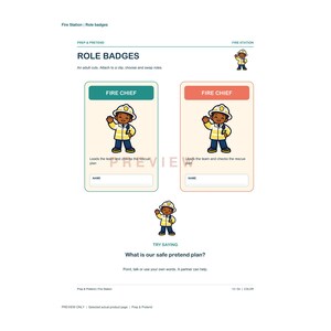 K&ouml;nnte beinhalten: Ein druckbares Arbeitsblatt mit dem Titel ROLE BADGES, das zwei rechteckige Karten mit einer Feuerwehr-Illustration, dem Text FIRE CHIEF und einer Leerzeile f&uuml;r einen Namen zeigt. Darunter steht die Frage, What is our safe pretend plan?