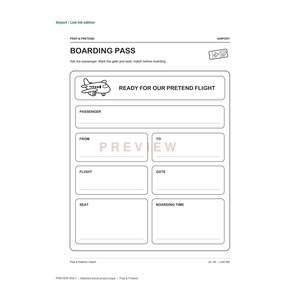 K&ouml;nnte beinhalten: Eine schwarz-wei&szlig;e, druckbare Bordkarten-Vorlage f&uuml;r Rollenspiele. Das Dokument enth&auml;lt Felder f&uuml;r Passagiername, Abflugort, Zielort, Flugnummer, Gate, Sitzplatz und Boarding-Zeit sowie ein Flugzeugsymbol und den Text READY FOR OUR PRETEND FLIGHT.